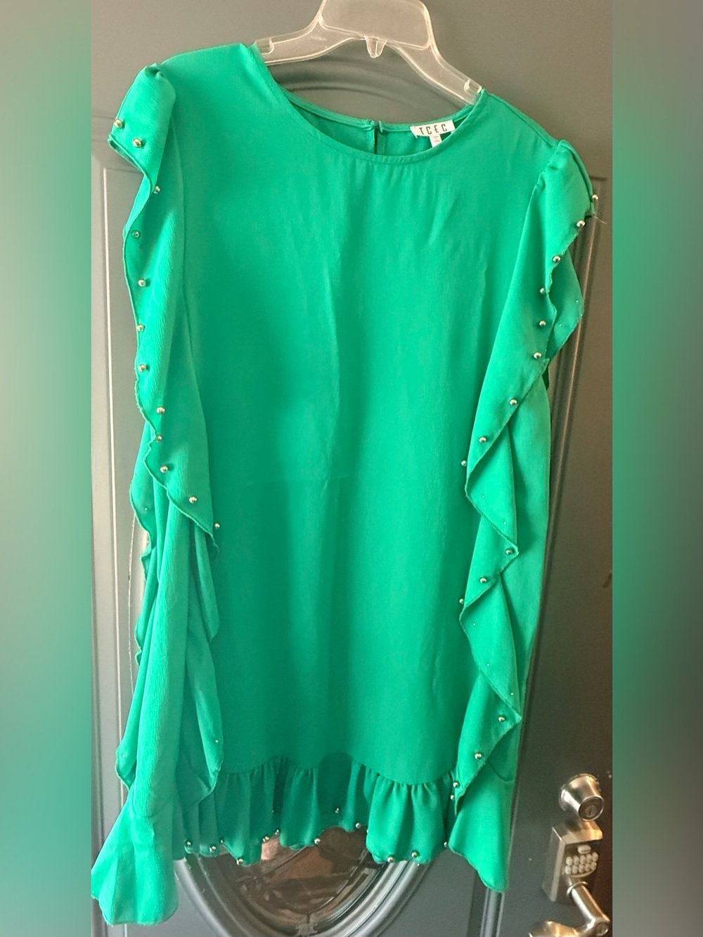 Women’s TCEC Green Ruffle Mini Dress Silver Studs L Large